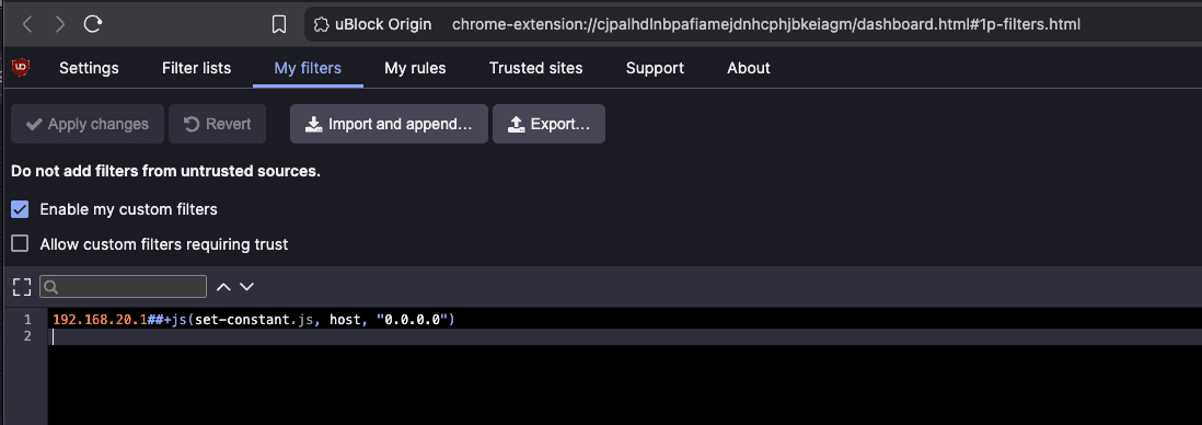uBlock Origin settings showing the custom filter